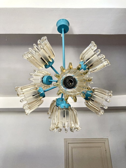 Large 9-light chandelier in molded glass and turquoise metal, Leclaire & Schäfer – 1960s