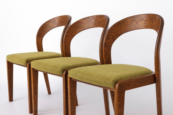 Image 1 of Set of 6 Mid Century Dining Chairs, Baumann Gondola Chairs 1970s, Oak Wood Chairs with Green Upholstery, Vintage German Dining C