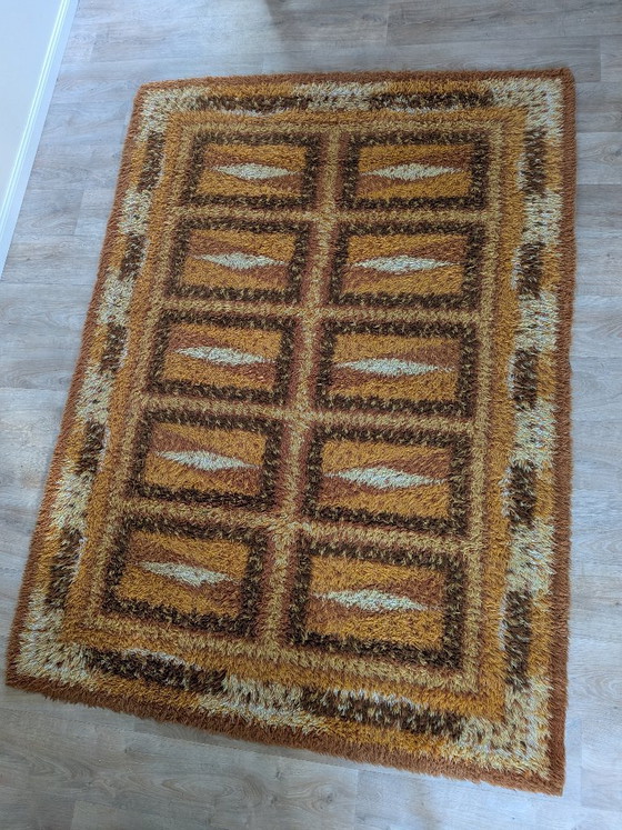 Image 1 of Grande tappeto scandinavo vintage in stile Rya – Motivi geometrici vivaci in stile Space Age – 160x220