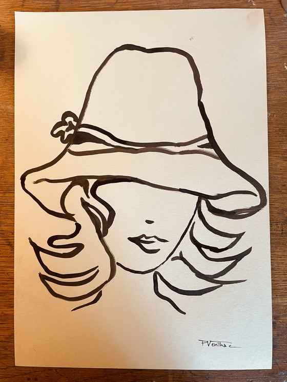 Image 1 of Retrato femenino de moda, "Sombrero", pintura firmada, grabado en tinta china