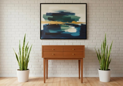 Naaikast met console-element, teakhout, op maat gemaakt, uniek exemplaar – opbergkast, Wood, Brass
