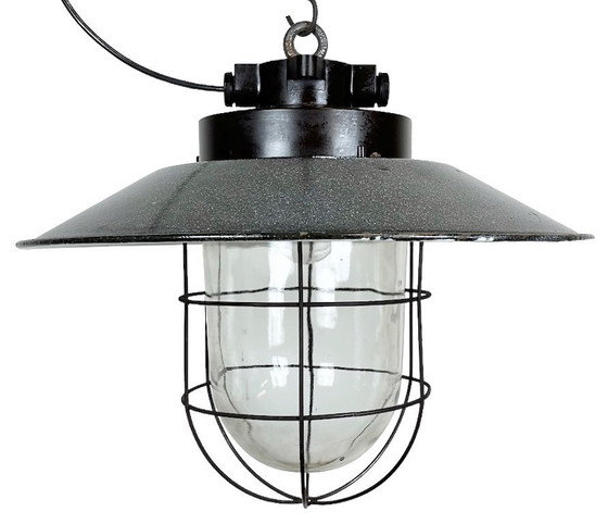 Image 1 of Industrial Grey Enamel Factory Hanging Cage Lamp, 1960s