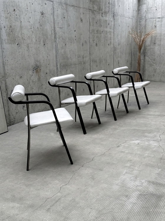 Image 1 of 4x DINING ROOM CHAIRS ITALY LEATHER WHITE WOOD BLACK METAL 1980s