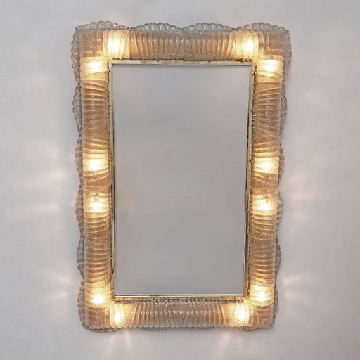 Mid-century Modern Italian Sculptural Backlit Mirror in Murano Glass and Brass