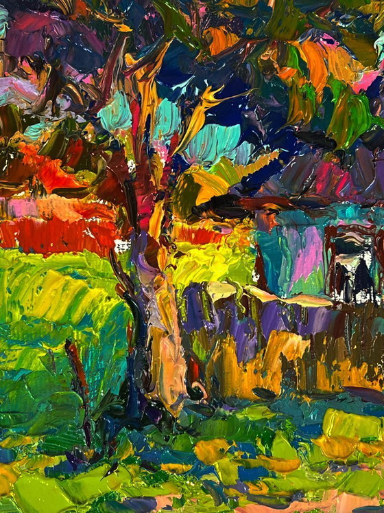 Image 1 of Peinture à l'huile originale, paysage champêtre, jardin d'été, maison au crépuscule