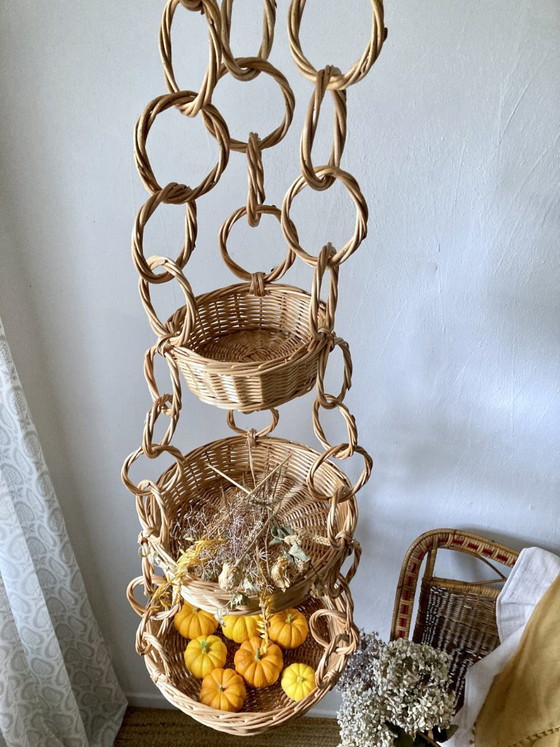 Large Wicker Hanging Basket with Three Tiers, Twisted Ring Chain, Decorative Objects, Beige (photo 9 of 18)