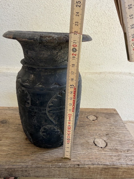 Image 1 of Set of 3 Nepalese Indian pots, carved black wood, tribal & wabi-sabi style
