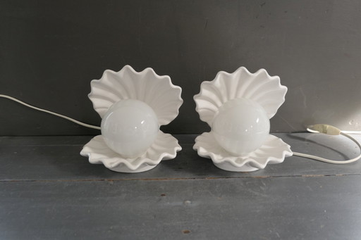 Vintage set of oyster lamps, shells with pearls