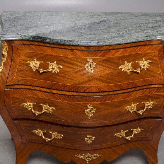 Image 1 of Vintage Louis XV style bombé commode in marquetry - stone top - 3 drawers