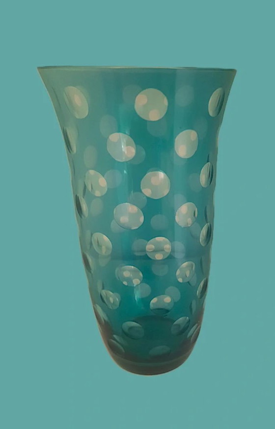Image 1 of (W014) Vaso vintage in vetro artistico a pois turchesi: fascino bohémien di metà secolo!