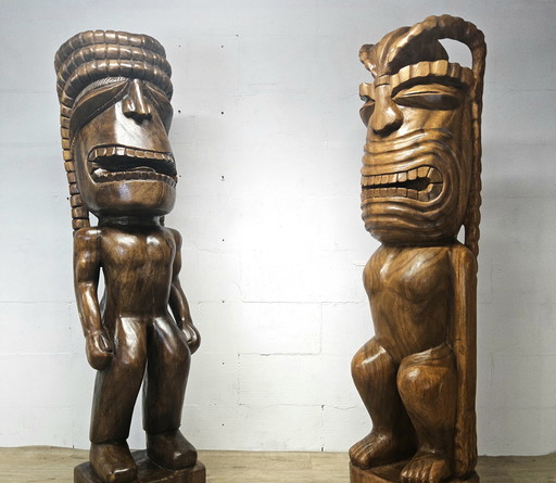 2 Life Size Solid Wooden Tiki Statues Kanaloa and Ku (179cm High) / Huge Hawaiian Tiki Gods Statues