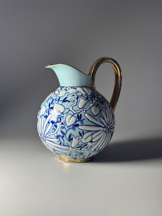 Image 1 of Boch Frères Keramis Art Deco Floral Pitcher by Raymond Chevalier, Belgium, 1930s