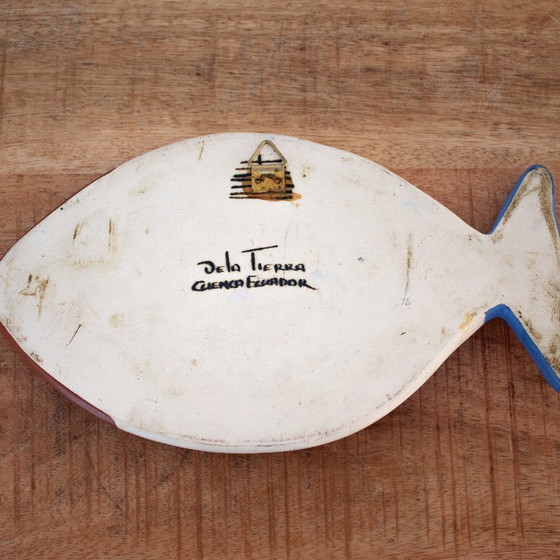 Image 1 of Vintage ceramic fish key holder wall rack: handmade Cuenca Tierra pottery from Ecuador