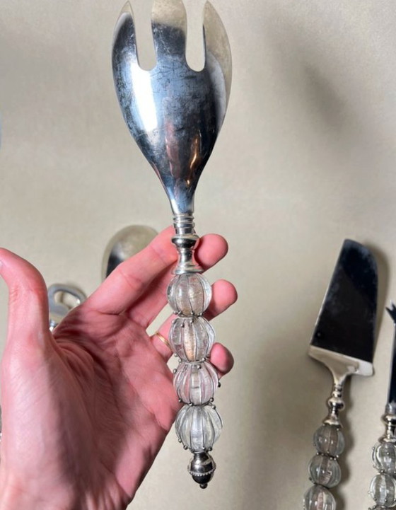 Image 1 of Ensemble de couverts de service (salade / décapsuleur / fromage / gateaux) en métal argent et verre