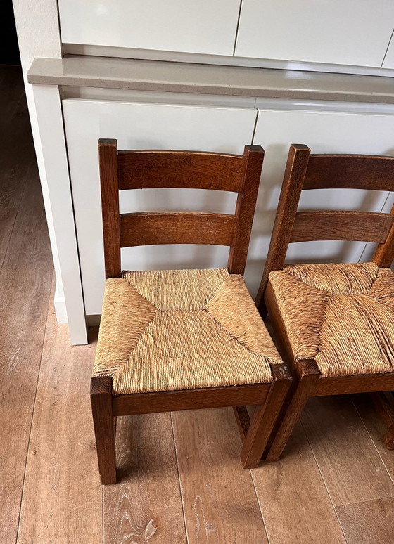 Houten butalistische stoelen set, Eetkamerstoelen, Rotan, Beige (foto 2 van 9)