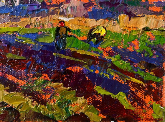 Image 1 of Original Oil Painting Summer Field Landscape The beginning of the harvest in the garden