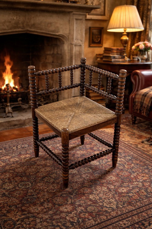 Chaise d'angle vintage en bois avec assise en jonc – Chaise d'appoint rustique de style ferme/cottage