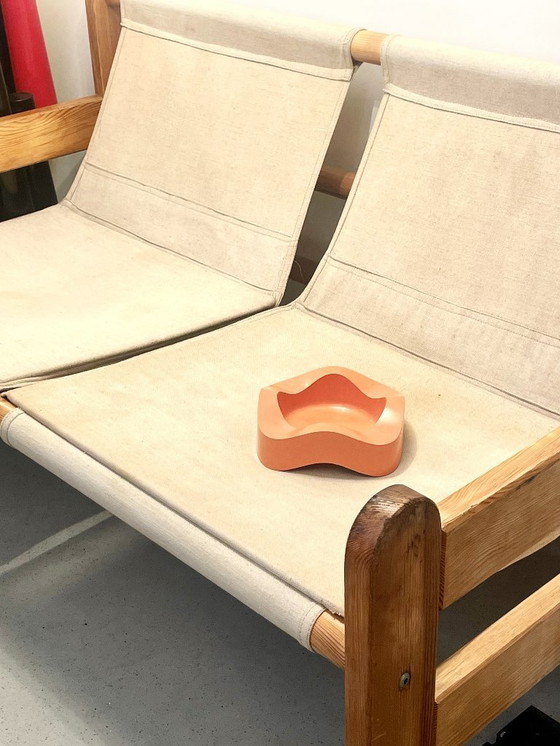 Image 1 of Pine and fabric bench from the 1980s