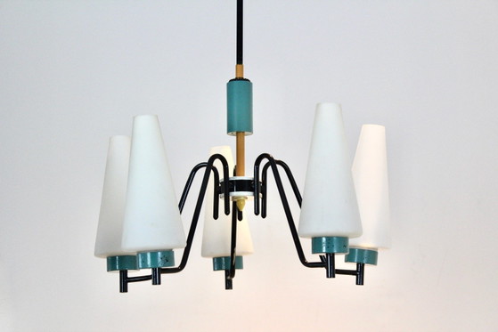 Lampada a sospensione olandese in acciaio, legno e vetro opalino, Lampadari, polished steel (foto 2 di 10)