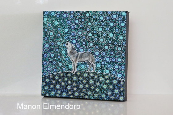 Image 1 of Origineel Handgeschilderd Schilderij "Howling Wolf" 29x29 cm