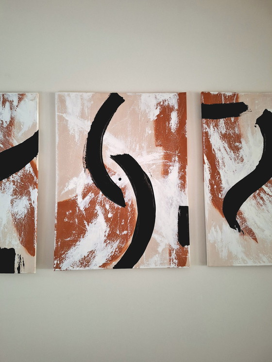 Image 1 of Triptych three paintings japandi terracotta