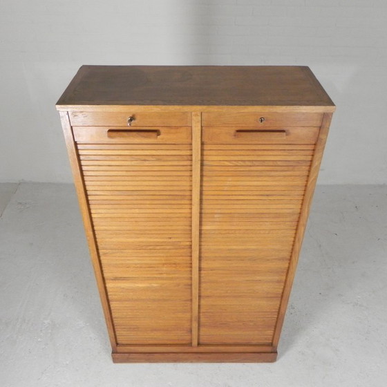 Oak tambour cabinet with 2 doors, 150 cm high, 1950s, Filing cabinets, Wood, Brown, Vintage (photo 6 of 15)