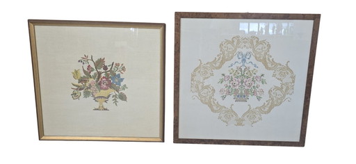 Paire de tableaux brodés à la main, de style classique et shabby chic