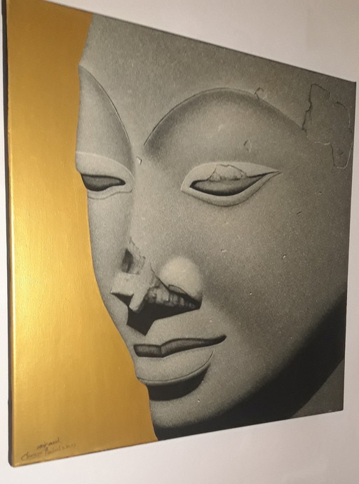Buddha Ölgemälde handgemalt mit 3D Blatt Holzfarbe und Pinselstrich Relief-Effekt 100x135 cm
