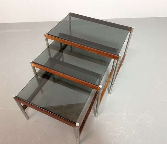 Image 1 of Fristho Mid-Century Dutch Design Nesting Tables with Smokey Glass Top and Wenge with Chrome Base, Set of 3, 1960s.