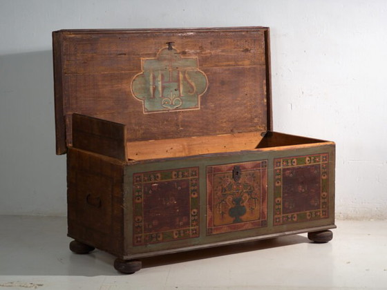 Coffre de dot polychrome ancien en pin – Europe Centrale, circa 1850 – Armoires de rangement, Iron (photo 27 of 40)