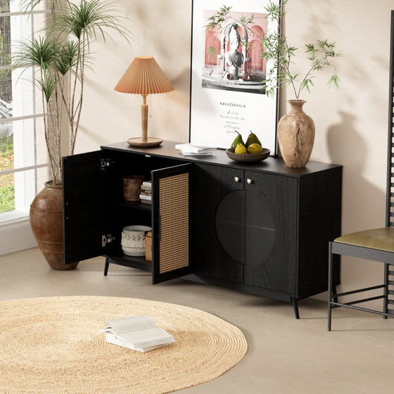 Image 1 of Credenza nera Urban Meuble con ante in vetro in rattan, anta semicircolare 160*40*80cm VELZU