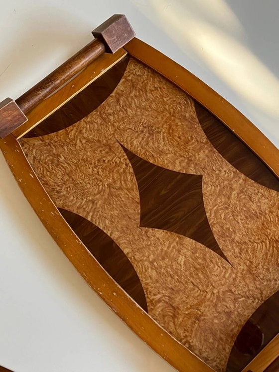 Vintage houten marqueterie dienblad - Art Deco, Tafelaccessoires, Bruin (foto 3 van 12)