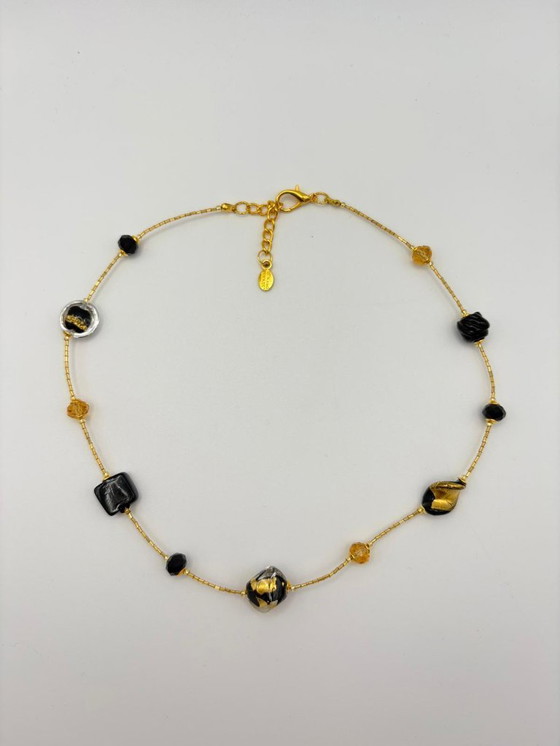 Image 1 of Murano Glass Necklace with Gold Leaf – Black Pearls and Crystal – Venetian Craftsmanship