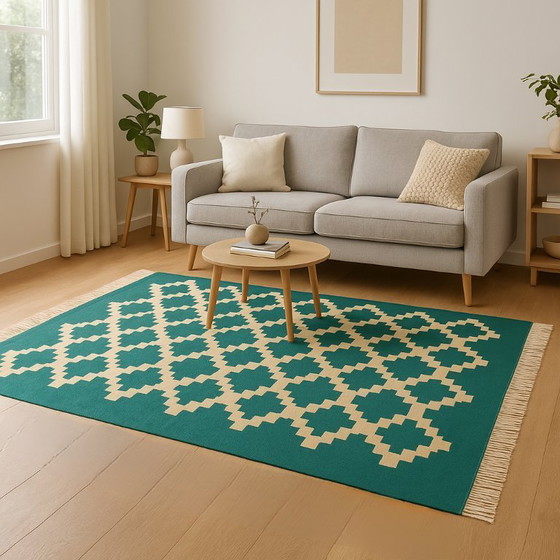 Image 1 of Senon Kelim-Teppich 160 × 230 cm - Handgefertigt in Ägypten - Grüner Diamant, Flachgewebe