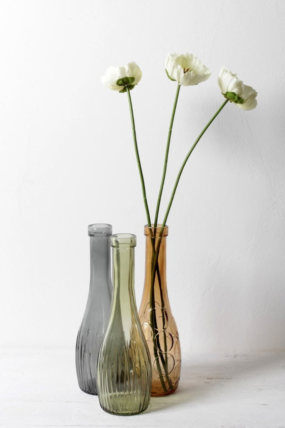 Image 1 of Set of 3 Grey, Green and Amber Glass Vases / Colored Bottles or Flower Vases / Ikea / 2000s