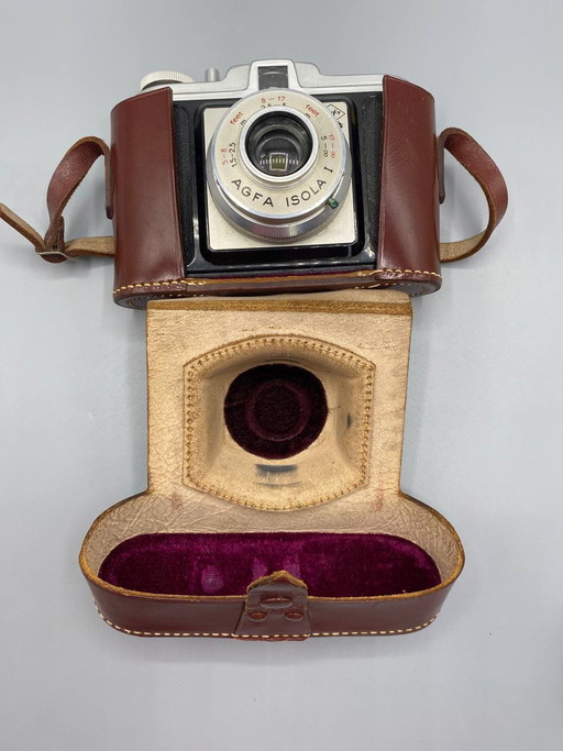 Vintage Agfa Isola I camera with original leather case, Germany – decoratieve objecten, Velvet, Mid Century Modern