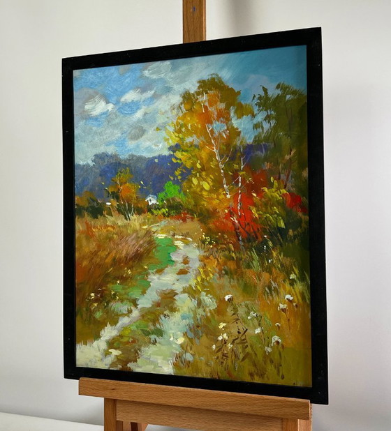 Image 1 of Pintura al óleo original Paisaje de bosque otoñal Escalones en un prado otoñal