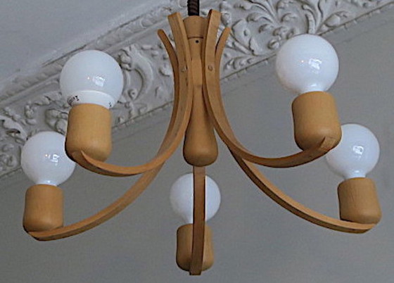 Domus Variable Height Chandelier with Five-Arms Denmark 1970s – Wood (photo 5 of 6)