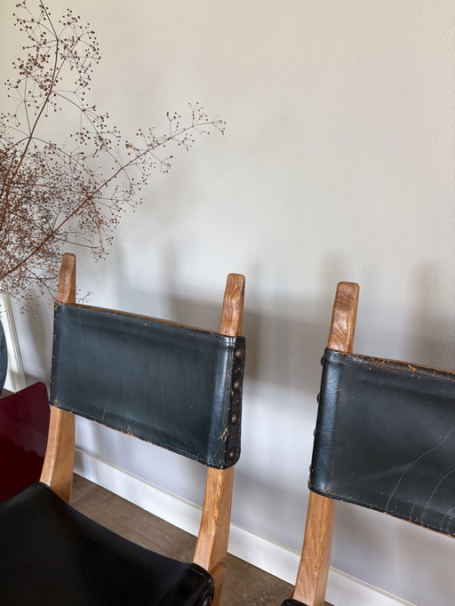 Vintage Satz Bram Sprij Stühle Eiche & Leder brutalistischen Stil