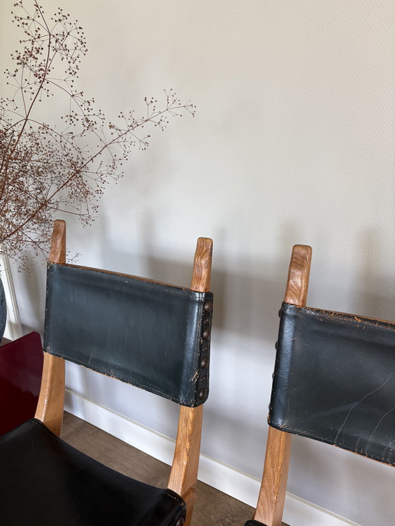 Image 1 of Vintage set of Bram Sprij chairs oak & leather brutalist style