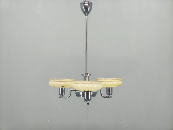 Image 1 of Art Deco Chandelier by Napako, Chrome & Marble Glass, 1930s