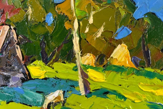 Image 1 of Original Oil Painting Summer House Landscape Forest path to the sunny hut