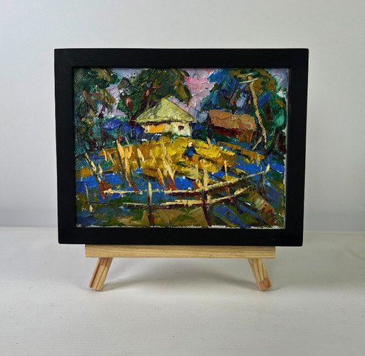 Original Oil Painting Summer Houses Landscape Village evening tranquility