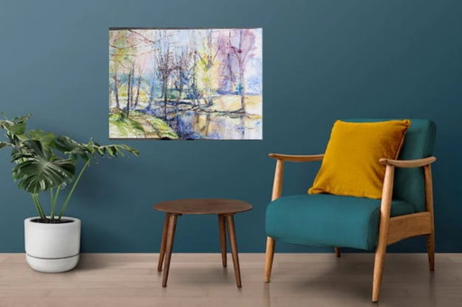 Modern acrylic painting in black wooden baking frame