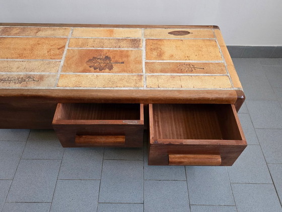 Image 1 of Vintage 1970s Ceramic Coffee Table with Solid Oak Top and 3 Drawers, DLG Capron