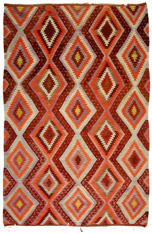 Tappeto turco vintage Usak Kilim 257x170 cm – Tessuto a mano in lana con audace motivo geometrico a rombi, tessitura piatta