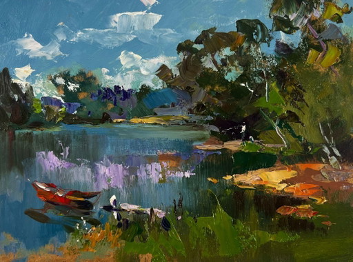 Dipinto ad olio originale, paesaggio estivo naturale con fiume e barche lungo la riva.