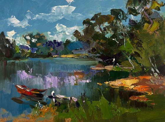 Image 1 of Original Oil Painting Summer Nature Landscape River with boats along the shore