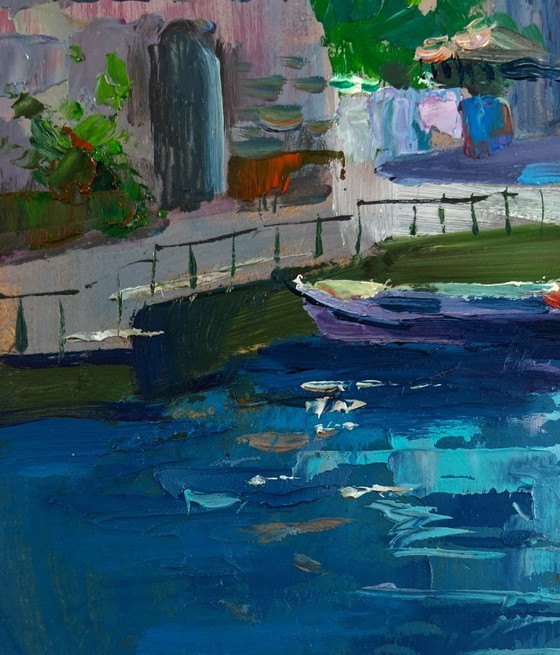 Image 1 of Original Oil Painting Coastal City Landscape The sea gently caresses the buildings