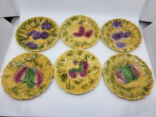 Sarreguemines earthenware plates barbotine fruit design France ts set of 6